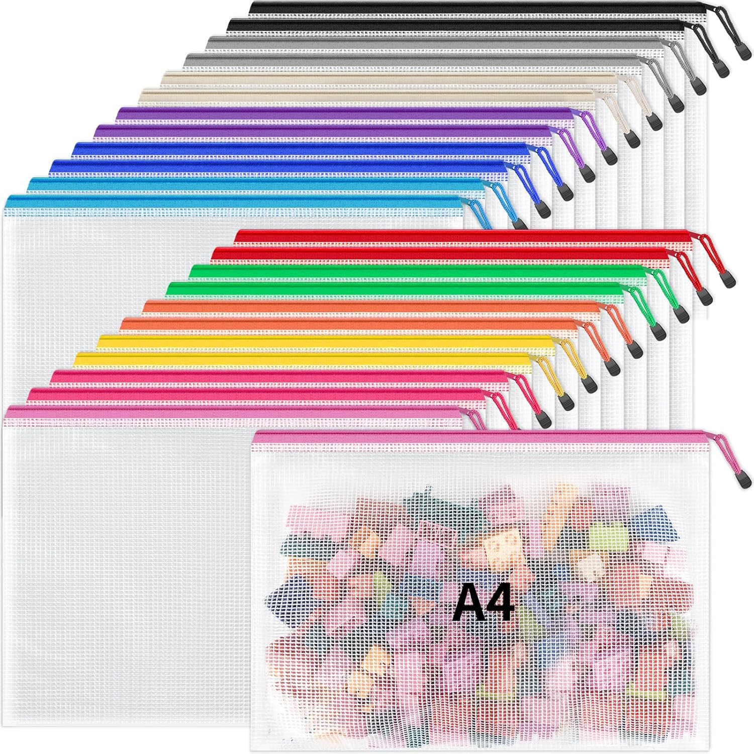Umriox 24 Pack 12 Colors Zipper Pouches for Organizing, Letter Size, A4 Size, Zipper Bags for Puzzles & Board Game Storage, Office Supplies Travel Toiletries