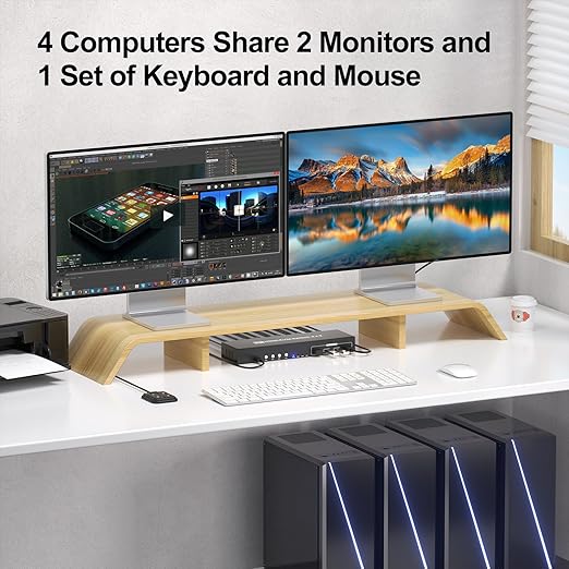8K@60HZ 4K@120Hz HDMI KVM Switch 2 Monitors 4 Computers with 4 Port USB 3.0 Hub, 4 Port Dual Monitor HDMI KVM Switch for 4 Computers Share 1 Set of Keyboard, Mouse and 2 Monitors