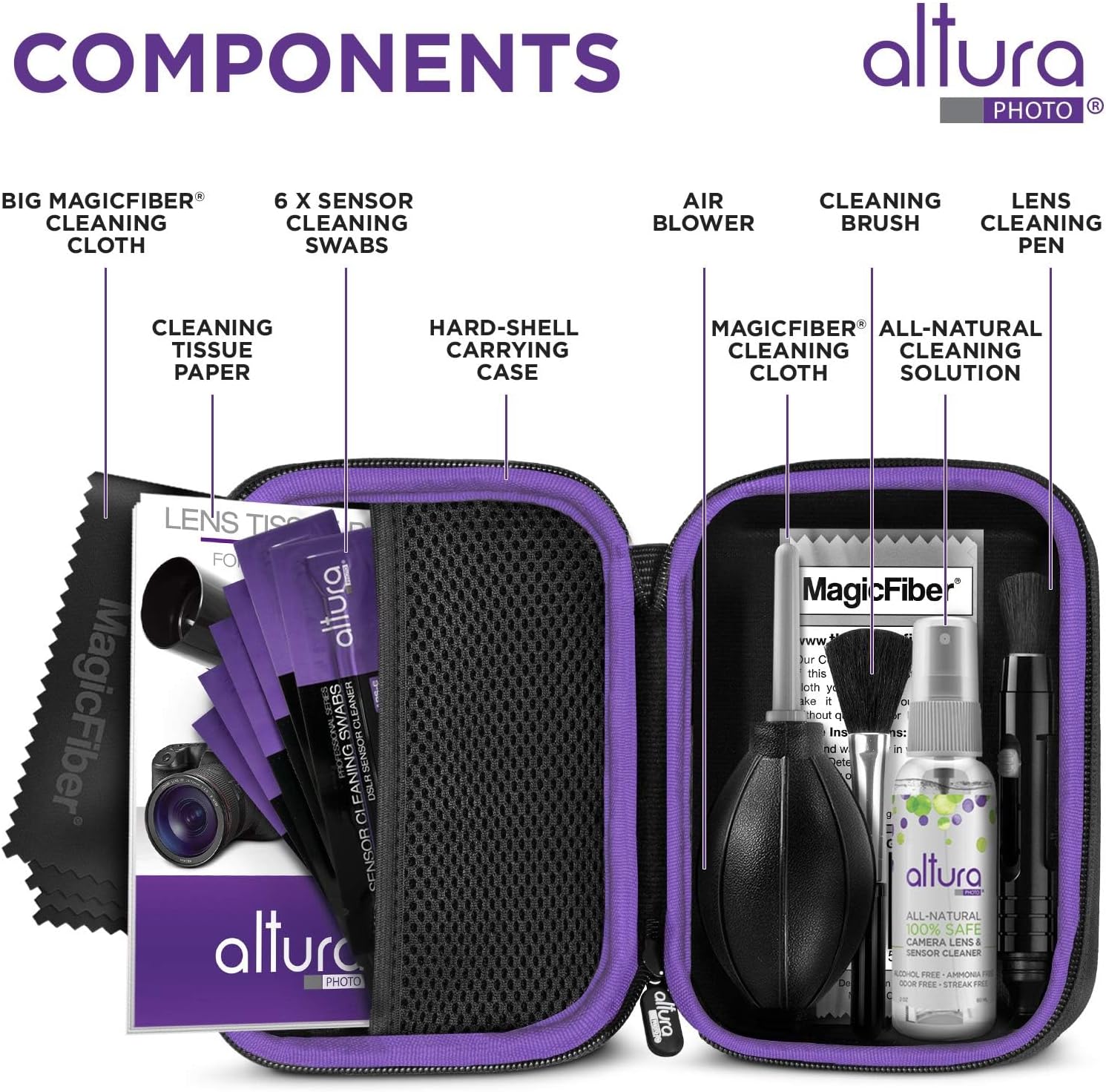 Altura Photo Professional Camera Cleaning Kit for APS-C DSLR & Mirrorless Cameras - Lens and Sensor Cleaner - Includes Case, Spray, Swabs, Blower, Brush, Tissue Paper