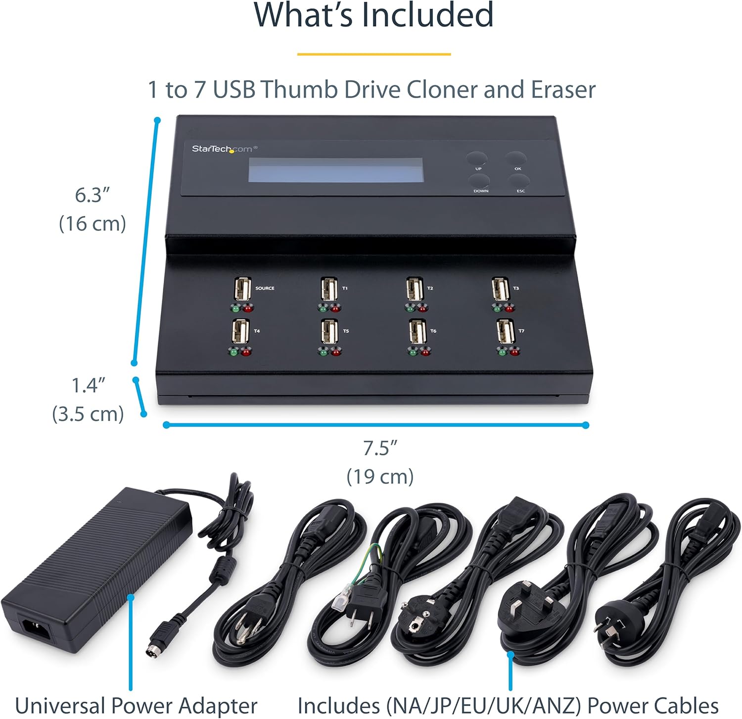 StarTech.com Standalone 1 to 7 USB Flash Drive Duplicator/Cloner / Eraser, Multiple USB Thumb Drive Copier / Sanitizer, System File / Sector-by-Sector Copy, 1.5 GB/min, 3-Pass Erase, LCD, TAA