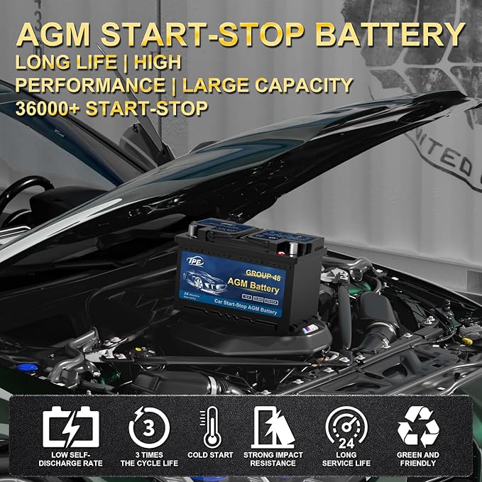TPE AGM Battery BCI Group 48, Maintenance Free 12V 70Ah, H6 Size, 120RC, 800CCA, Automotive Battery, Reliable Performance for Cars Lead-Acid
