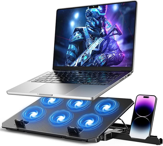 Laptop Cooling Pad, Laptop Cooler 6 Quiet Fans for 12"-17" Laptops, Laptop Cooler Stand with Phone Stand, Gaming Laptop Fan Cooling Pad Slim Portable USB Powered with 5 Angle Adjustable, 2 USB Ports