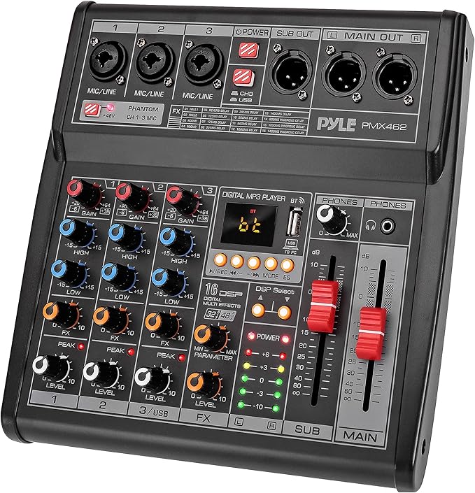 Pyle Professional DJ Audio Mixer - 3-Channel Controller with 16 Preset DSP Effects - USB Interface - 3 Mic/Line Inputs - +48V Phantom Power - Built-in FX Processor - MP3 Player/Headphone Jack - PMX462