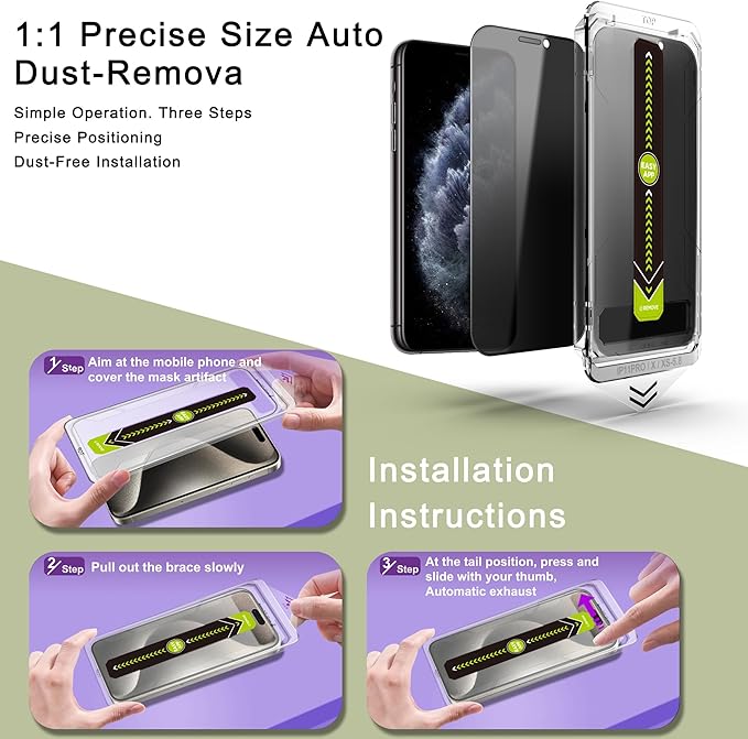 (2-Pack Anti-Spy Privacy Screen Protector for iPhone X/XS/11 Pro(5.8-Inch),9H Tempered Glass,Full Coverage,Anti-Fingerprint,Auto Dust Removal,Bubble-Free,Easy Installation