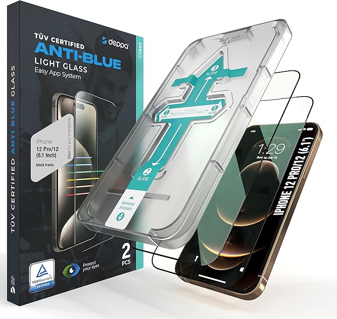 Deppa |2 Pack| Anti-Blue Light Screen Protector for iPhone 12/12 Pro (6.1')| Scratch Resistant Tempered Glass | 3D Edge to Edge Coverage | Easy Installation Kit | Eye Safeguard TÜV Certified