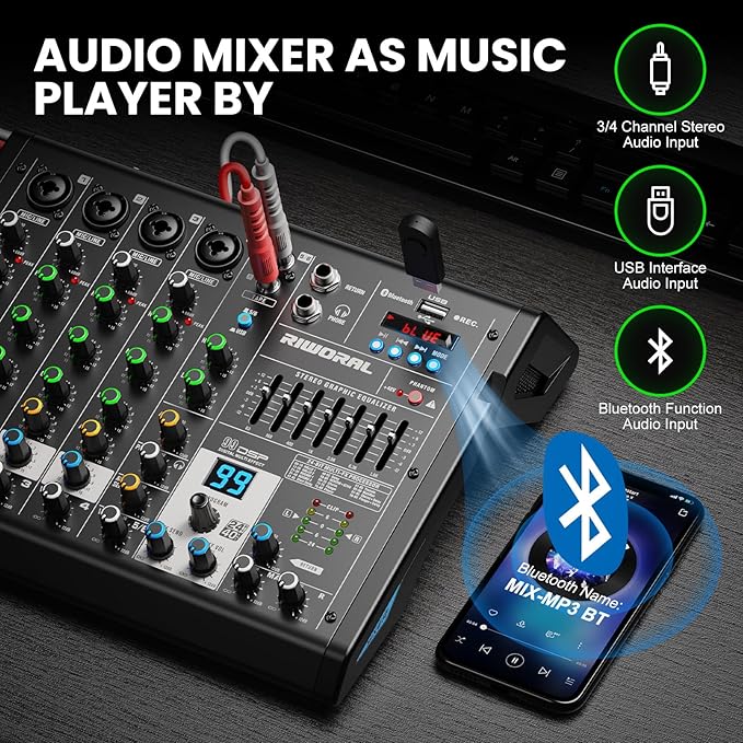 6 Channel Audio Interface Dj Mixer Soundboard Console 99 Dsp Reverb Delay Effect USB Bluetooth Studio Audio Mixer +48V Phantom Bluetooth for Karaoke Streaming Recording, Live Broadcast