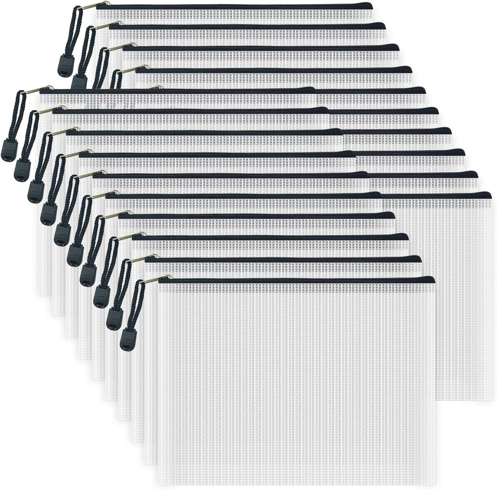 AUSTARK 20 Pcs Zipper File Bags, Plastic Mesh Pouch, Board Game Storage Bag, Waterproof Bags for Office School (A5 Size 9.2''x6.7'', White and Black)