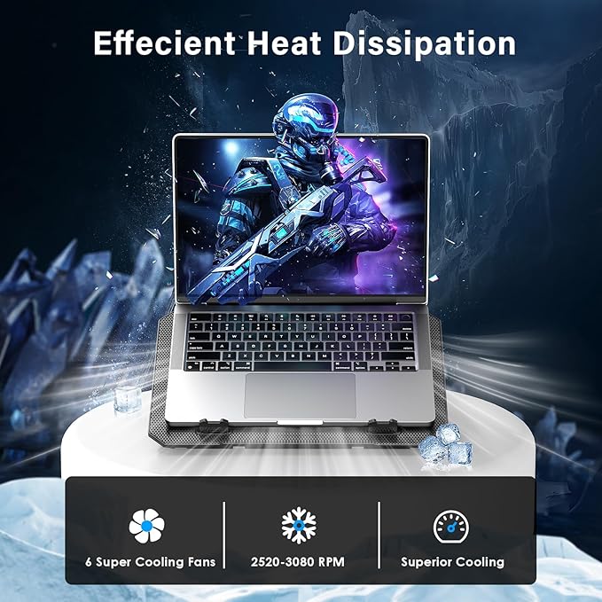Laptop Cooling Pad, Laptop Cooler 6 Quiet Fans for 12"-17" Laptops, Laptop Cooler Stand with Phone Stand, Gaming Laptop Fan Cooling Pad Slim Portable USB Powered with 5 Angle Adjustable, 2 USB Ports