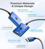 4K@60Hz HDMI Splitter Switch 2 in 1 Out, WARRKY [3.3ft Fixed Braided HDMI Cable, Aluminum Case, HDCP 2.2] Bidirectional 2x1 Switcher UHD Compatible for PS5/4, Nintendo Switch, Roku, FireStick – Blue