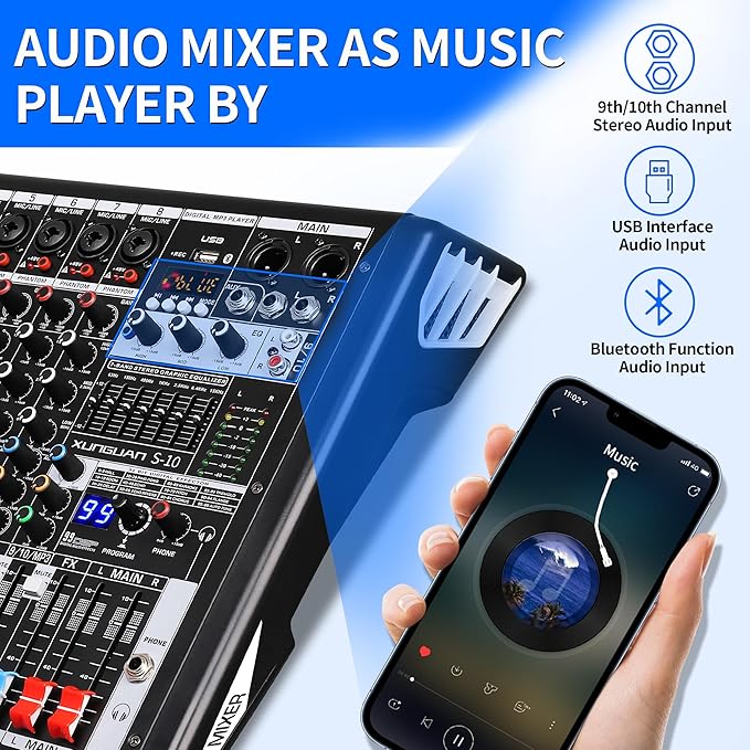 S-10 Audio Mixer 10 channel 8 channel Professional DJ Mixing Console with Reverb MP3 Player Bluetooth 48V Phantom Power Supply USB Recording for Studio Karaoke Live Music