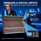 12 Channel Audio Mixer, Professional Music Mixer Board DJ Mixing Console with Bluetooth, USB/MP3 Player, Reverb, and 48V Phantom Power for Studio Recording, Karaoke, and Live Performances