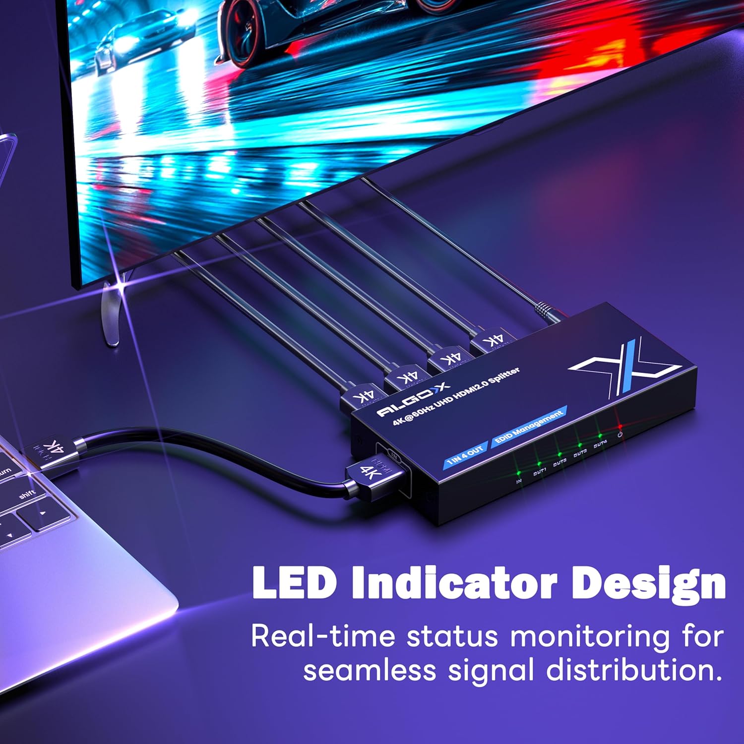 4K HDMI Splitter 1x4 withEDID, 4K@60Hz HDR HDMI 2.0 18Gbps HDMI Duplicator Support HDCP 2.2 for Switch2 Apple TV, PS5, Xbox, Roku, Projector... (4K@60Hz 1 in 4 Out)