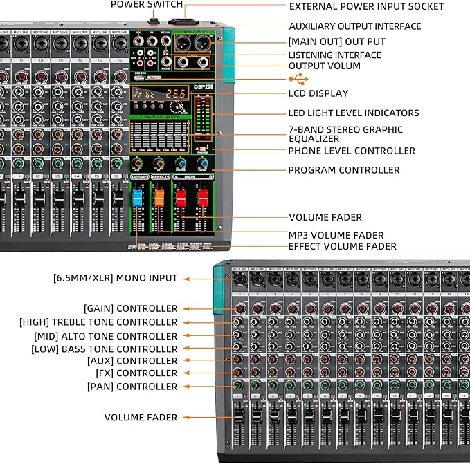 Depusheng PA16 Professional Audio Mixer Sound Board Console Desk System Interface 16 Channel Digital USB Bluetooth MP3 Computer Input 48V Phantom Power Built-in 256 Reverb Effect, Black