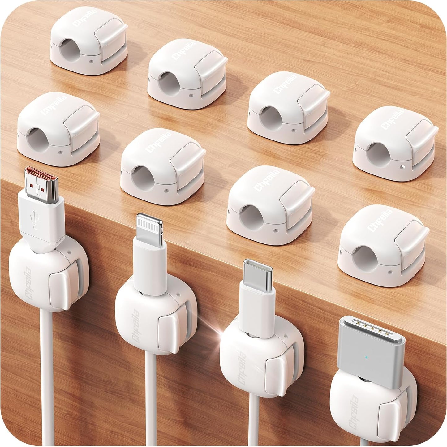 12Pack Cord Organizer, Chfeila Compact Dual Spring & Clasp Lock Cable Management Clips, Adhesive Phone Charger Keeper, Wire Holder for Nightstand/Car, Home Office Desk Accessories Decor Essentials