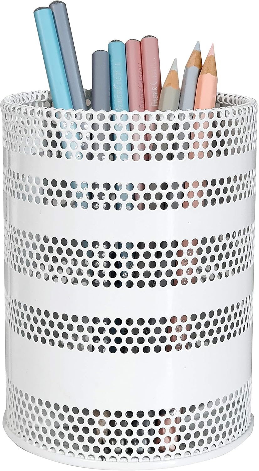 Metal Mesh Pen Pencil Cup Holder Stand Office Desk Organizer Stationery Caddy Makeup Brush Holder, White (Large)