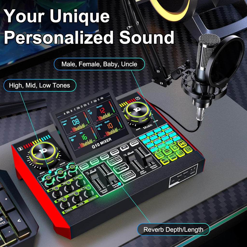 Podcast Equipment Bundle with 3.5mm Condenser Microphone for Pc/Phone Live Streaming Singing Gaming, Podcast Microphone Bundle with Live Sound Board Audio Mixer,Voice Changer, Denoise,DJ Sets