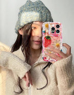 Jusy Compatible with iPhone 15 Pro Max, Colorful Retro Oil Painting Printed Flower Laser Glossy Pattern Cute Curly Wave Phone Case Soft TPU Cover for Girly Women - Strawberry Flower