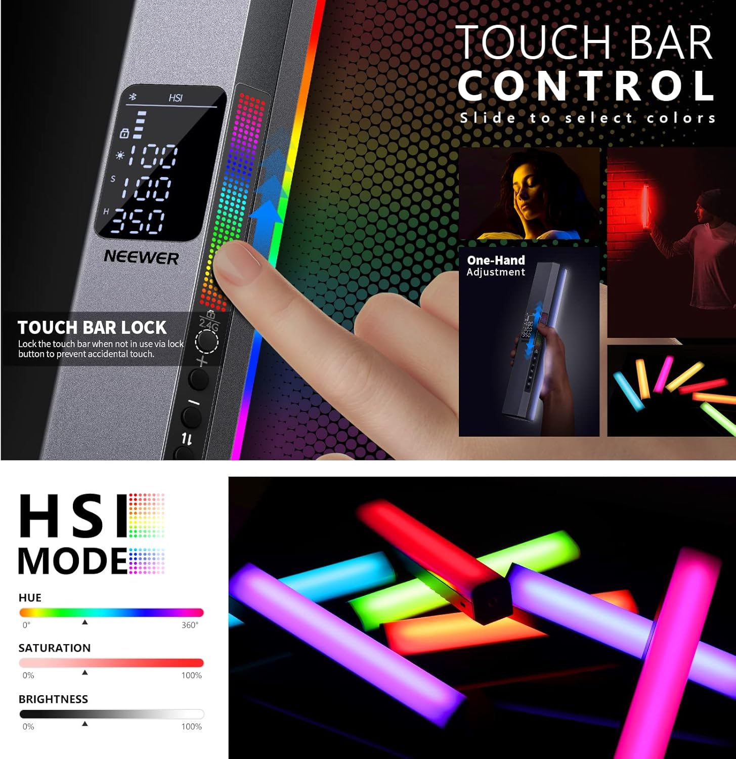 NEEWER RGB LED Video Light Stick, Touch Bar & APP Control, Magnetic Handheld Photography Lighting Wand, Dimmable 3200K~5600K CRI98+ Full Color LED Light with 6400mAh Battery, 17 Scenes, RGB1