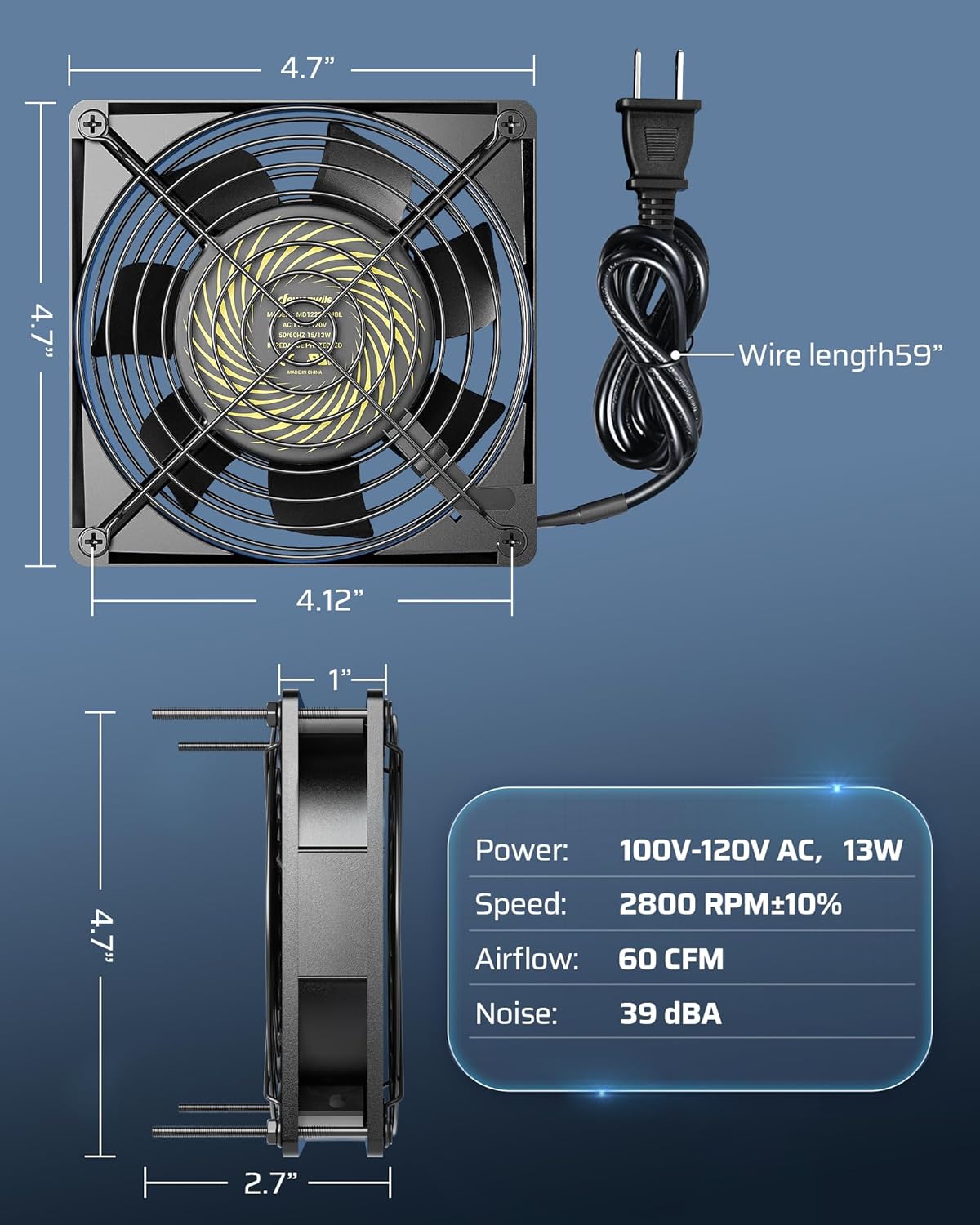 DEWENWILS 120V AC Fan, Waterproof Exhaust Fan 120mm, 13W 2800RPM 60CFM, DIY Cooling Fan for Refrigerator, Computer Case, Compressor Engine, Generator, UL Listed