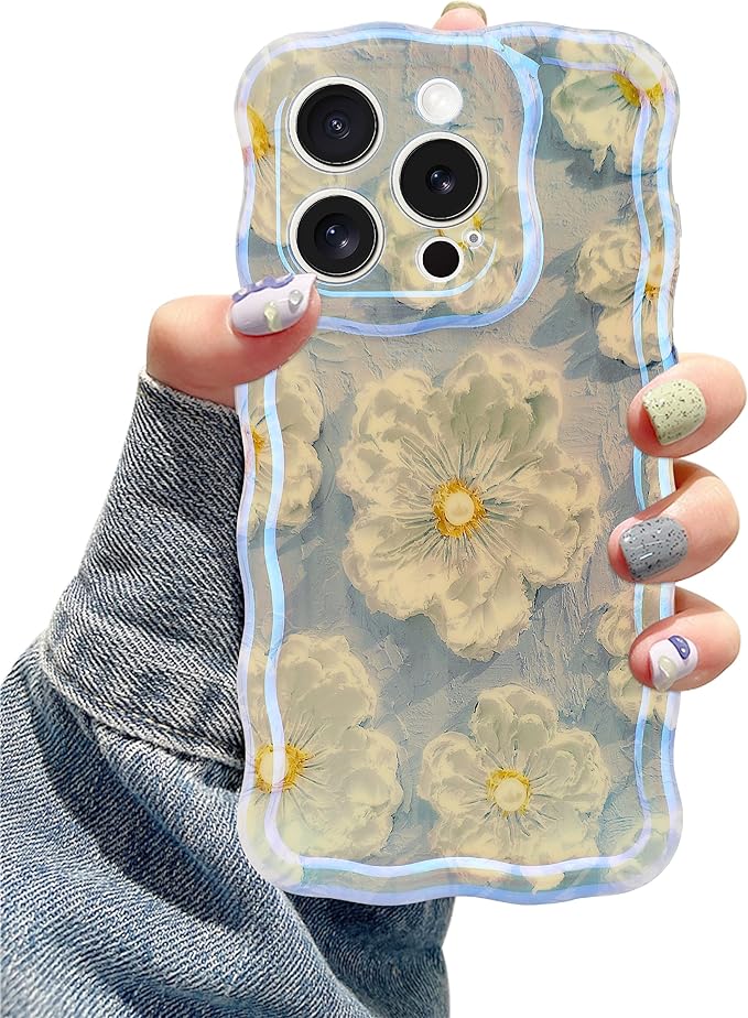 Jusy Compatible with iPhone 11 Pro Max, Colorful Retro Oil Painting Printed Flower Laser Glossy Pattern Cute Curly Wave Phone Case Soft TPU Cover for Girly Women - Light Blue
