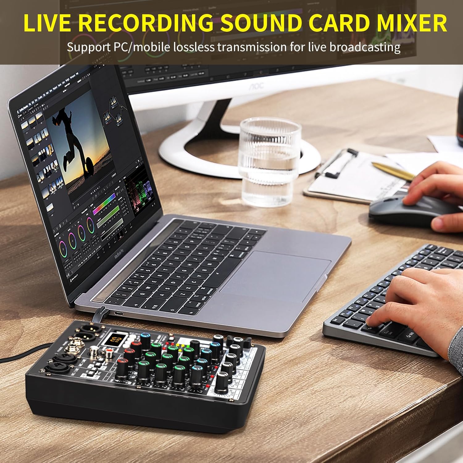 4 Channel Audio Mixer, Professional DJ Mixer Sound Board Mixing Console with 99-Bit DSP Effect, Bluetooth USB Interface Stereo Mixer Board with 48V Phantom Power For Recording Live Stream