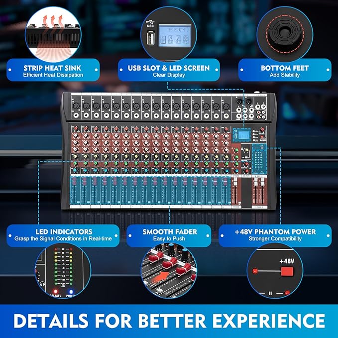 16 Channel Audio Mixer, Soundboard Mixing Console Sound Mixer DJ Sound Controller with USB & Bluetooth, Studio Audio Mixer for Professional and Beginners (16 Channel)