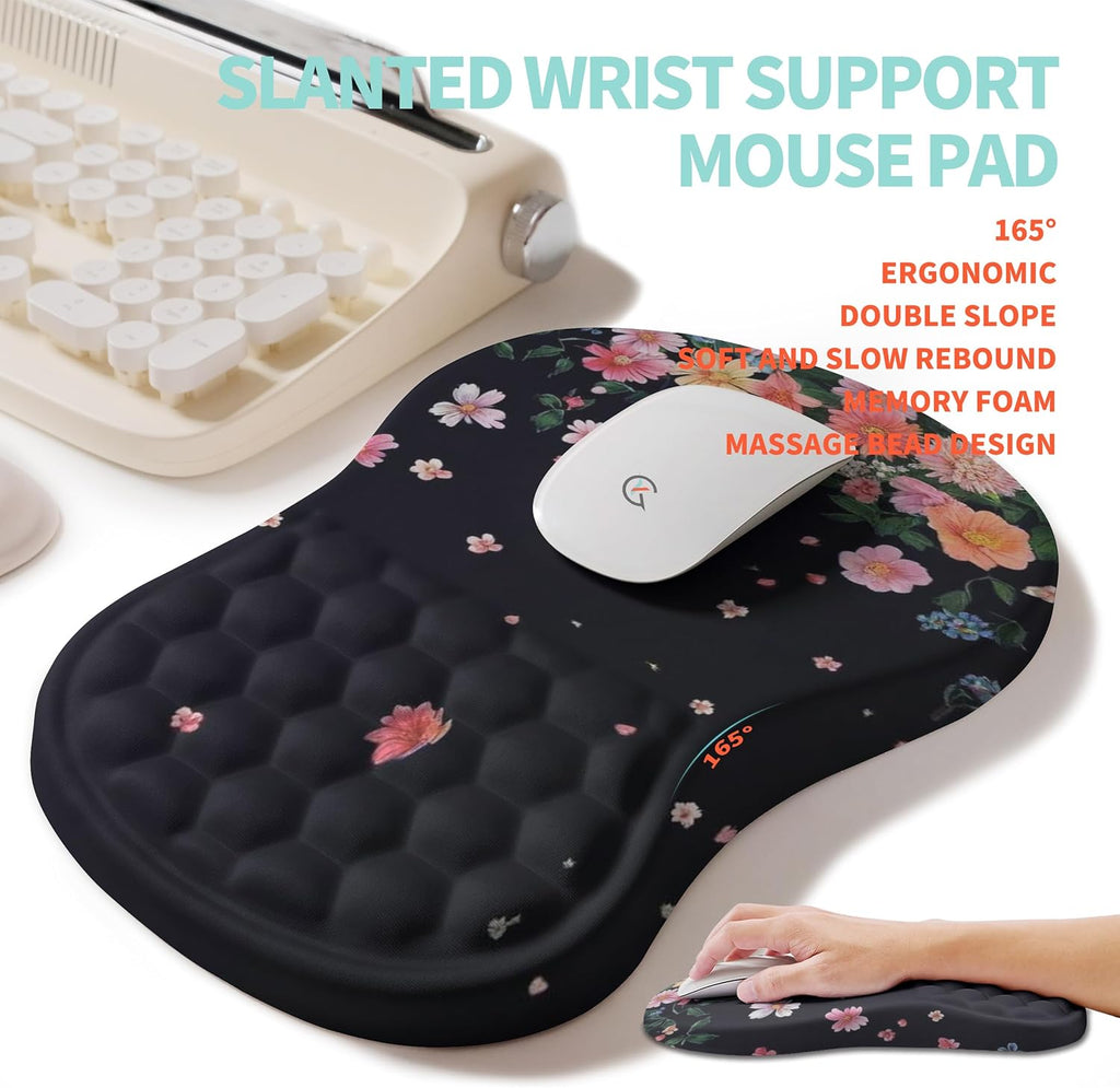 2-in-1 Ergonomic Set, Wave Rise Keyboard Wrist Rest and Massage Bulge Slope Mouse Pad Wrist Support, Cushion Memory Foam Integrated to Relieve Wrist Pain, Flower Dance