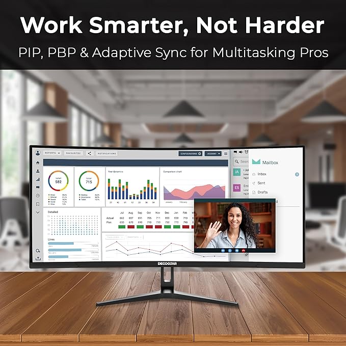 Deco Gear 34” Curved Ultrawide Business Monitor | 3440x1440, 100Hz, 1500R, 99% sRGB | Adjustable Stand, 2 HDMI and 2 DisplayPort | HDR, Low Blue Light, PIP/PBP