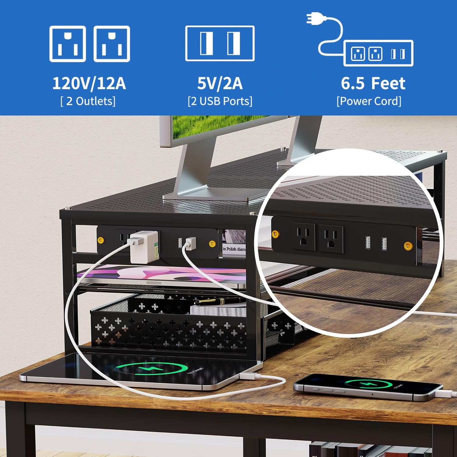 Simple Trending 2 Tier Metal Monitor Stand Riser with USB 2.0 and Charging Prot , Computer Office Desktop Organizer for 2 Monitors With Two Drawer Storage and Reusable Cable Ties,for Printer, TV, Black