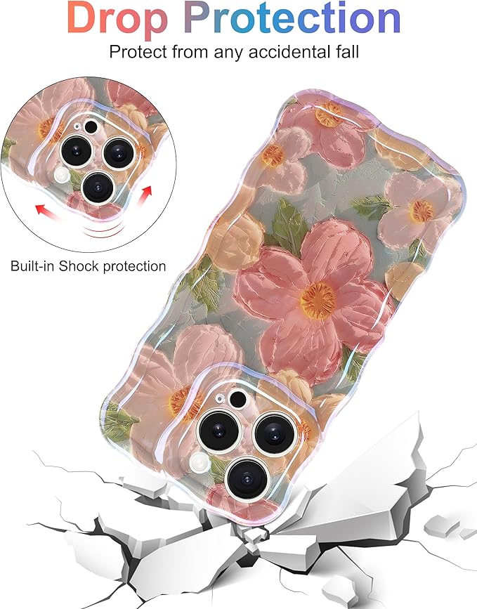 Jusy Case for iPhone 11 Pro Max, Colorful Retro Oil Painting Printed Flower Laser Blue Glossy Pattern Cute Curly Wave Phone Case Soft TPU Cover for Girly Women -Green