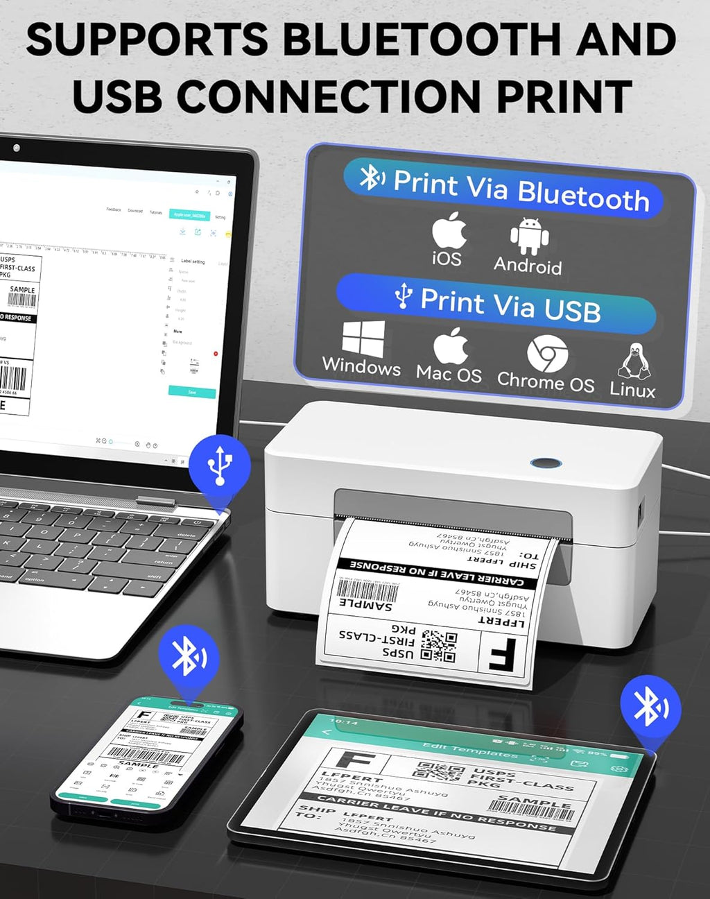 Bluetooth Thermal Label Printer, Wireless 4x6 Shipping Label Printer for Small Business & Shipping Package Compatible with Android, iOS, Windows & Mac, Used for Amazon, Ebay, Shopify, USPS Etc