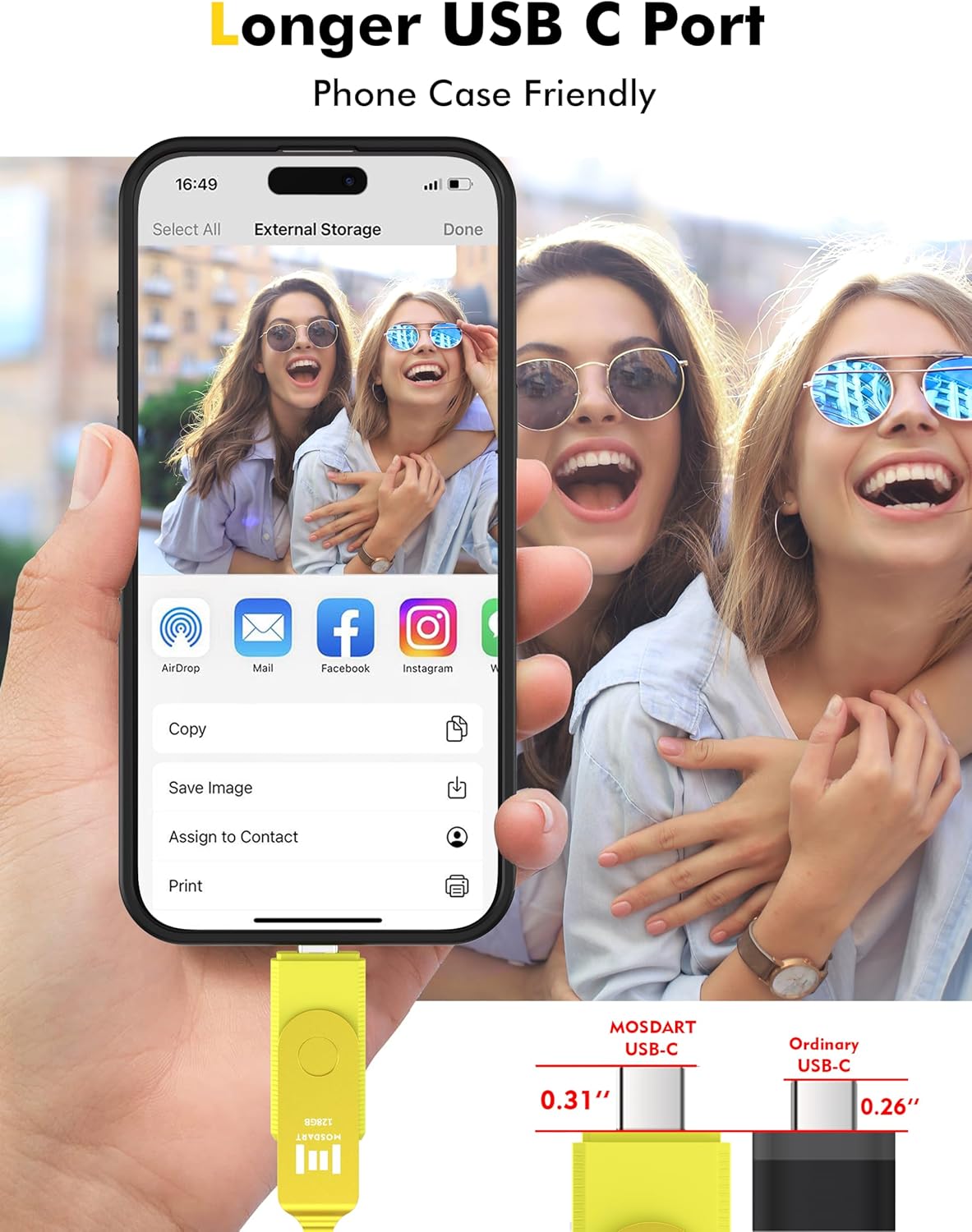 MOSDART 128GB USB3.1 Fast Speed C and A Dual Flash Drive, exFAT Memory Stick with Keychain and LED Indicator, for iPhone 15 and 16, Android Phone, iPad, MacBook, and Other Laptops,Yellow