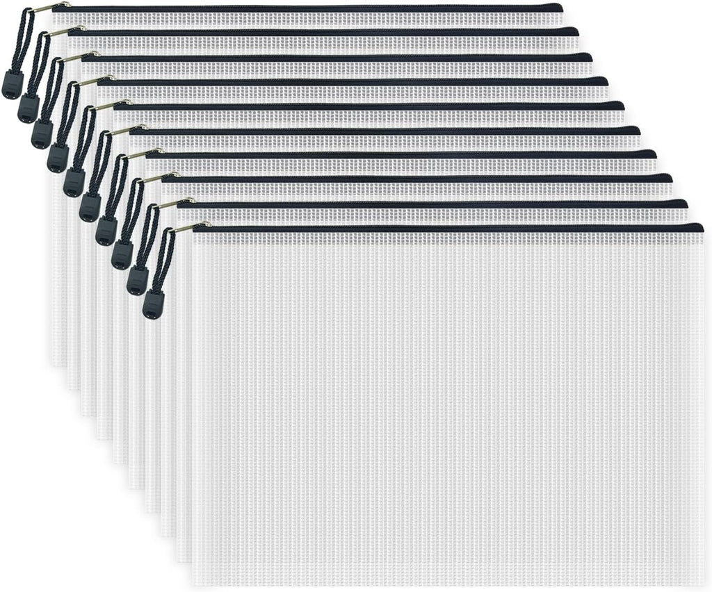 AUSTARK 10 Pcs Zipper File Bags, Waterproof Plastic Mesh Pouch for Office School, Board Game Storage Bags (A4 Size 13.4''x9.4'', White and Black)