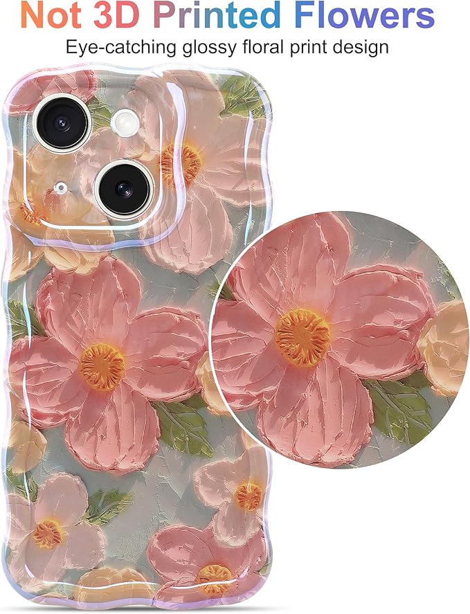 Jusy Case for iPhone 14 Plus/15 Plus, Colorful Retro Oil Painting Printed Flower Laser Blue Glossy Pattern Cute Curly Wave Phone Case Soft TPU Cover for Girly Women -Green