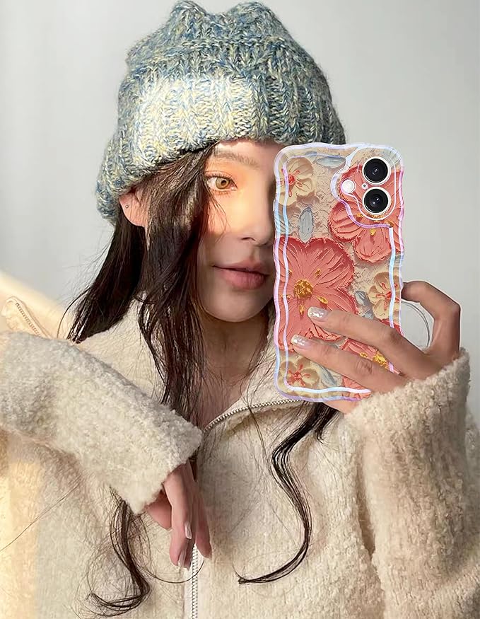 Jusy Compatible with iPhone 16, Colorful Retro Oil Painting Printed Flower Laser Glossy Pattern Cute Curly Wave Phone Case Soft TPU Cover for Girly Women - Orange White