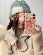 Jusy Compatible with iPhone 16, Colorful Retro Oil Painting Printed Flower Laser Glossy Pattern Cute Curly Wave Phone Case Soft TPU Cover for Girly Women - Orange White
