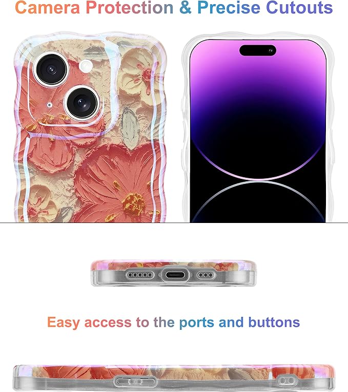 Jusy Compatible with iPhone 13, Colorful Retro Oil Painting Printed Flower Laser Glossy Pattern Cute Curly Wave Phone Case Soft TPU Cover for Girly Women - Orange White