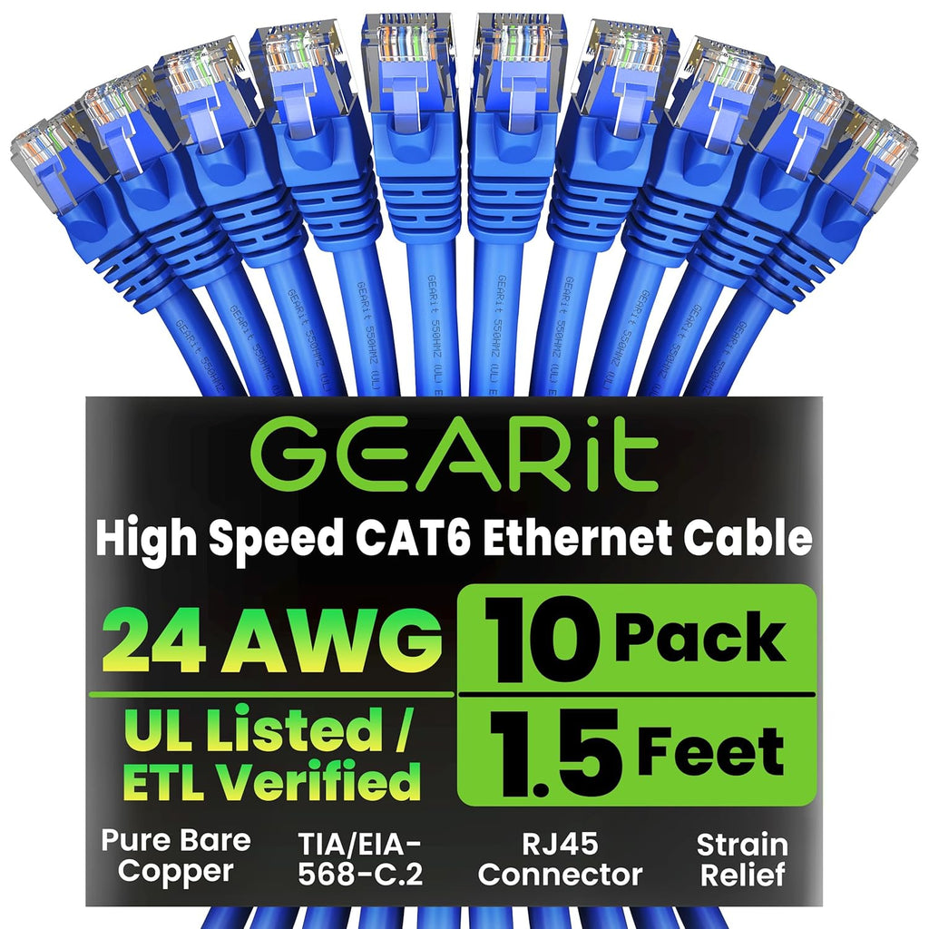GearIT Cat 6 Ethernet Cable Pack - 10-Pack 1.5 ft Cat6 Ethernet Patch Cables | RJ45 Network Patch Cable, 10 Gbps Snagless Gold-Plated Connectors - Ethernet Cable Cat 6 for PC, TV, Router - Blue