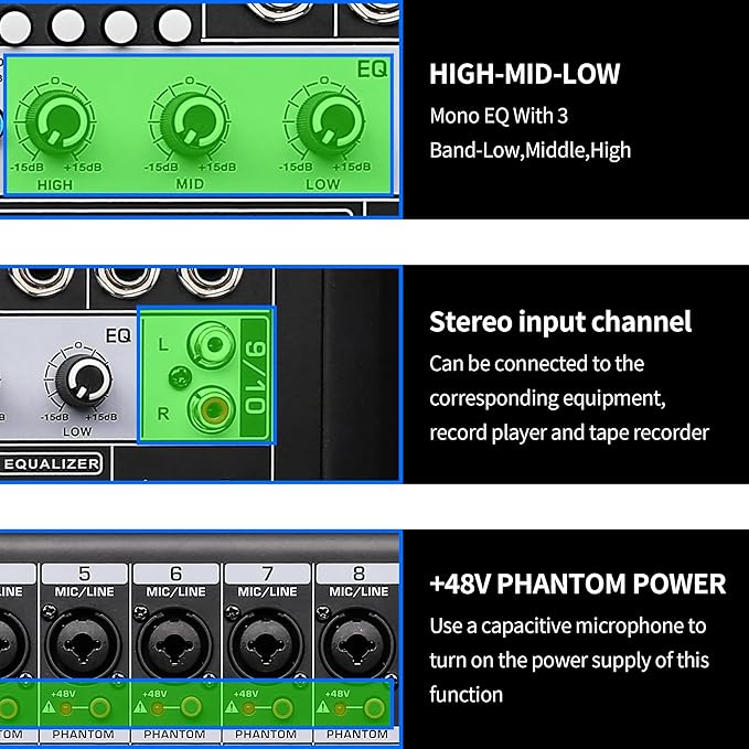 S-10 Audio Mixer 10 channel 8 channel Professional DJ Mixing Console with Reverb MP3 Player Bluetooth 48V Phantom Power Supply USB Recording for Studio Karaoke Live Music