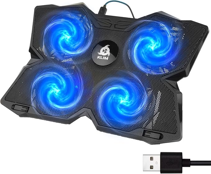 KLIM Wind Laptop Cooling Pad - More Than 500 000 Units Sold - New Version - The Most Powerful Rapid Action Cooling Fan - Laptop Stand with 4 Cooling Fans at 1200 RPM - USB Fan - PS5 PS4 - Blue