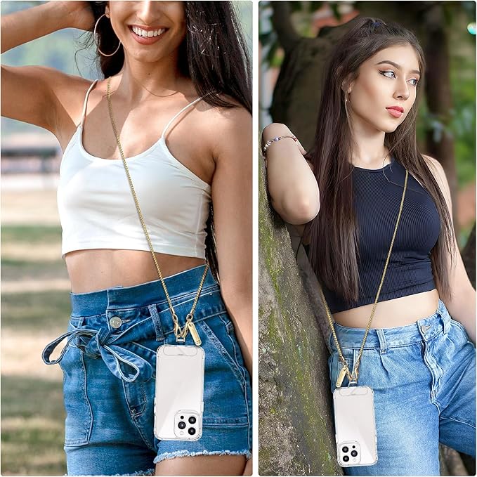 Metal Phone Chain, Crossbody Detachable Phone Lanyard with 1*Wrist Strap & 2* Tether Tabs for iPhone and Smartphones (Gold,Long)