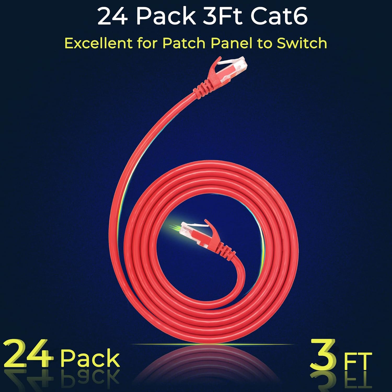 Rapink Patch Cables Cat6 3ft (24 Pack), Ethernet Patch Cable 10G Support, Cat 6 Patch Cable for Patch Panel to Switch, Flexiable Cat 6 Ethernet Cable with Gold Plated Red