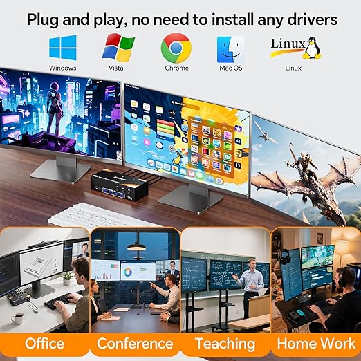 USB 3.0 KVM Switch 3 Monitors 3 Computers Displayport HDMI, Triple Monitor KVM Switch 8K@60Hz 4K@144Hz for 3 Computers Share Mouse Keyboard, Wired Remote and Power Adapter