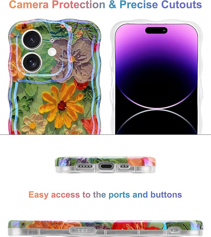 Jusy Compatible with iPhone 11, Colorful Retro Oil Painting Printed Flower Laser Glossy Pattern Cute Curly Wave Phone Case Soft TPU Cover for Girly Women - Green Yellow