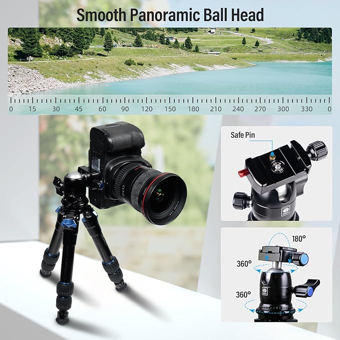 SIRUI AM203 Mini Travel Tripod with 360° B00K Ball Head, Lightweight Aluminum Tripod for Travel and Tabletop Use, Max Load 20lbs/10KG, Folded Height 11.4”, Max Height 16.7”