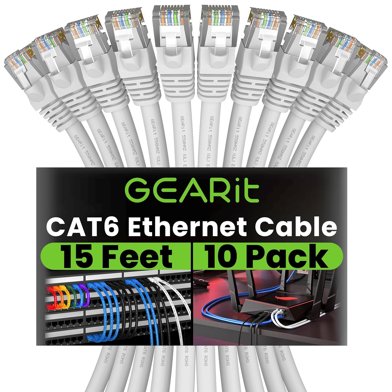 GEARit Cat 6 Ethernet Cable (10-Pack 15 Feet) Cat6 Network Patch, 10Gbps, RJ45, Snagless Cord, Gold-Plated Connectors, Internet for PC, TV, Tablet, Router, Printer, Servers, IT Data Center - White