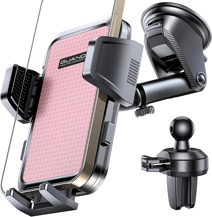 [2025 New] Dashboard Phone Holders for Your Car (+Air Vent Clip) [Military Grade Stable] , Car Cell Phone Holder, Rotatable Suction Cup Car Phone Mount for All Phone (Pink)