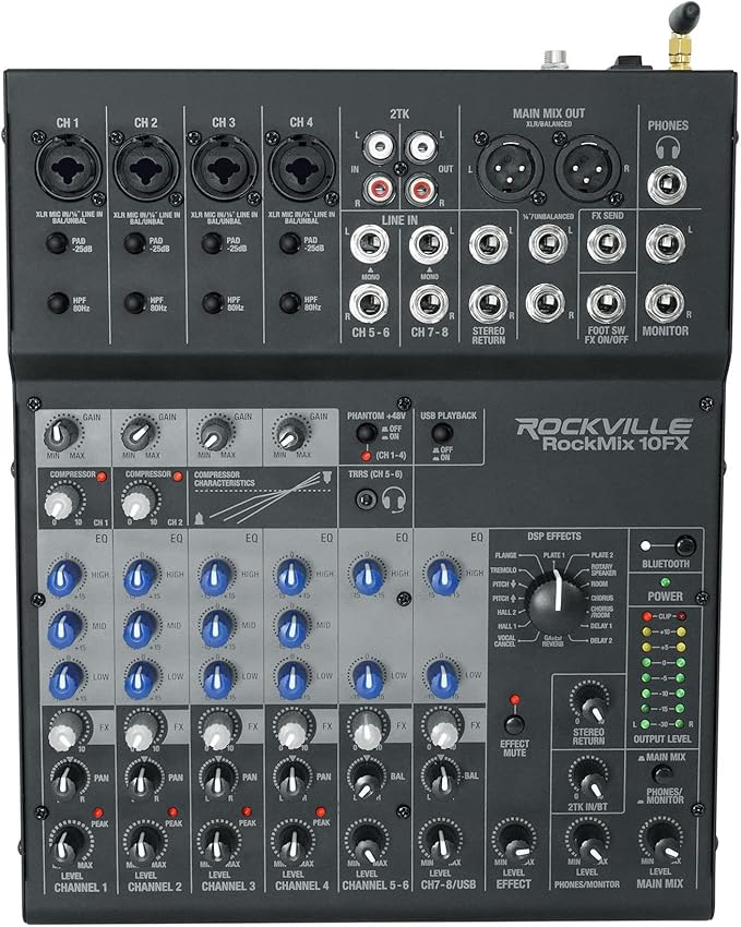 Rockville ROCKMIX 10FX 10-Channel Mixer, USB Recording Interface, Digital Effects, 3-Band EQ, Phantom Power, Bluetooth 5.0, for Home Studio, Podcast, and Live Performance