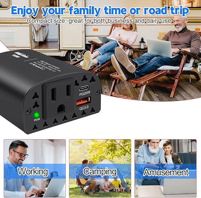 150W Car Power Inverter DC 12V to 110V AC Car Outlet Adapter with PD 25W &QC3.0 USB Ports Laptop Car Charger