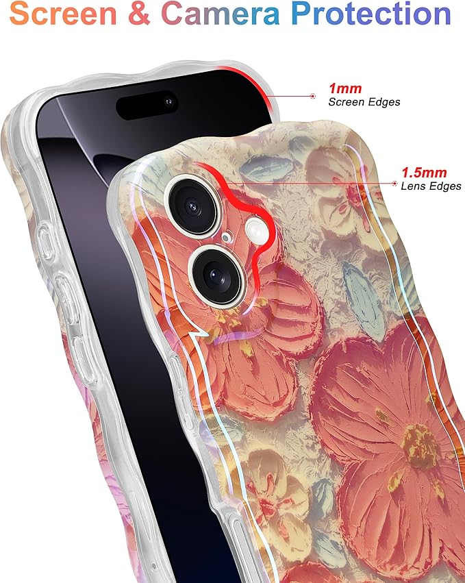 Jusy Compatible with iPhone 16, Colorful Retro Oil Painting Printed Flower Laser Glossy Pattern Cute Curly Wave Phone Case Soft TPU Cover for Girly Women - Orange White